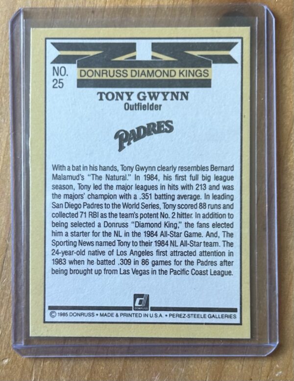 Tony Gwynn — 1985 Donruss Diamond Kings #25 — San Diego Padres - Image 2