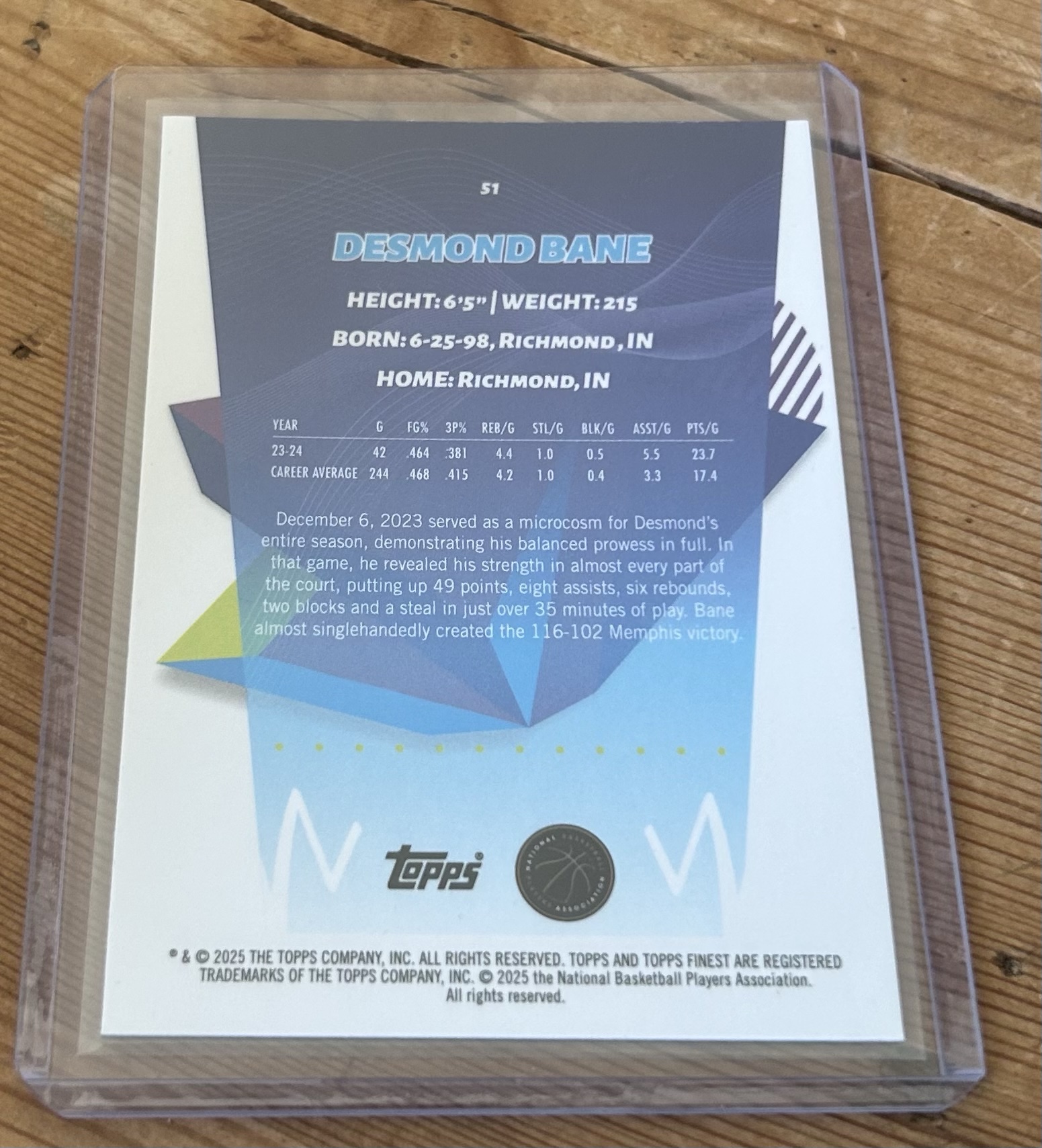 Desmond Bane 2025 Topps Finest #51 - Image 2